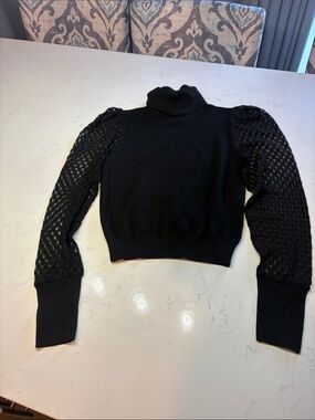 Love Tree Black Turtleneck Sweater with Sheer Lace Balloon Sleeves